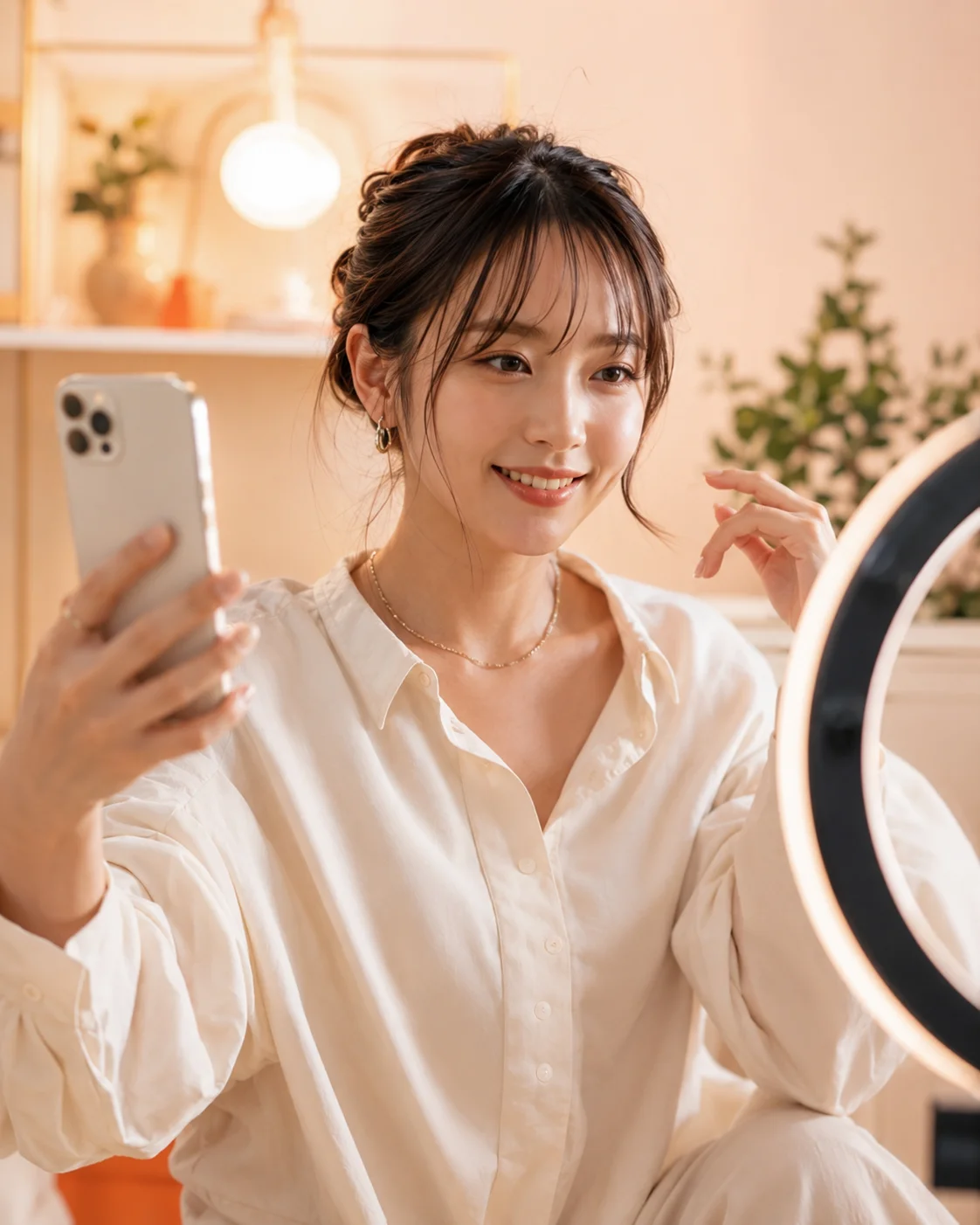 ライブ配信中の出演者。スマホとリングライト越しにナチュラルな笑顔