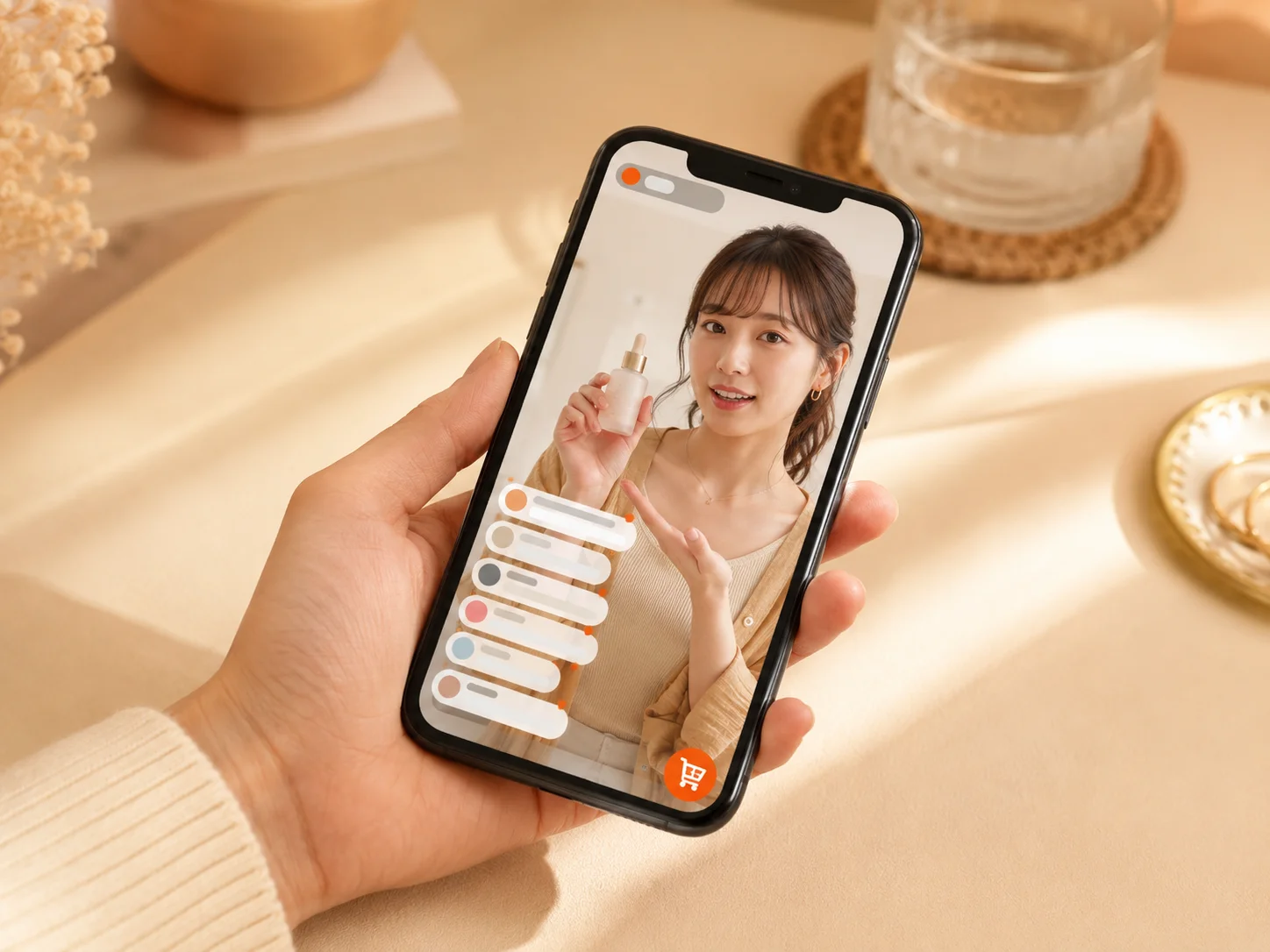 スマホでライブ配信中の出演者と商品紹介の様子